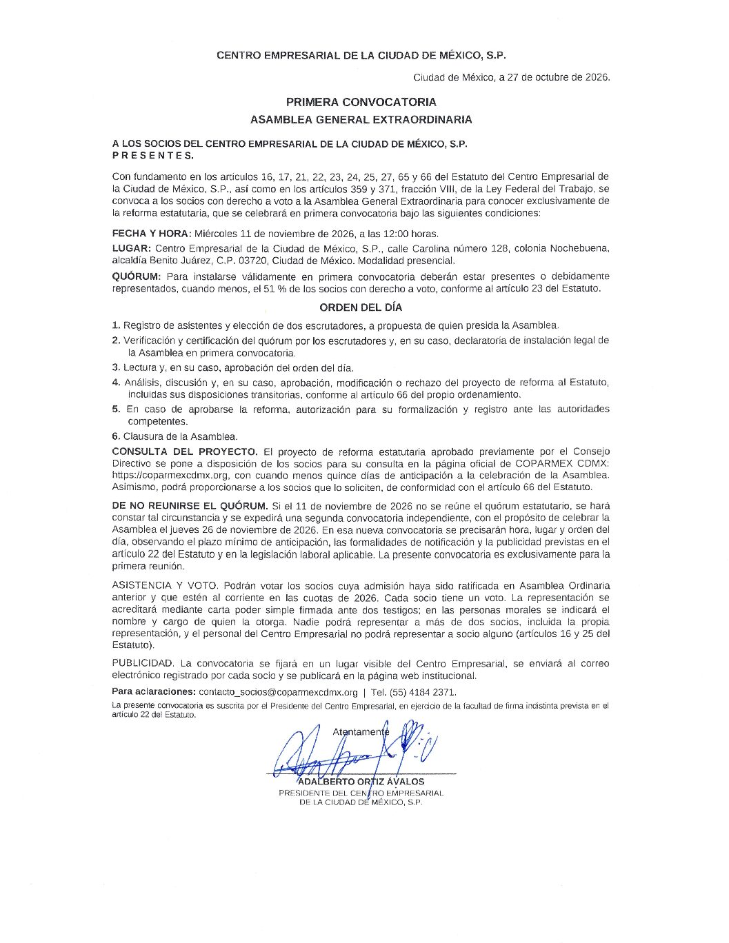 Convocatoria PRIMERA CONVOCATORIA ASAMBLEA GENERAL EXTRAORDINARIA