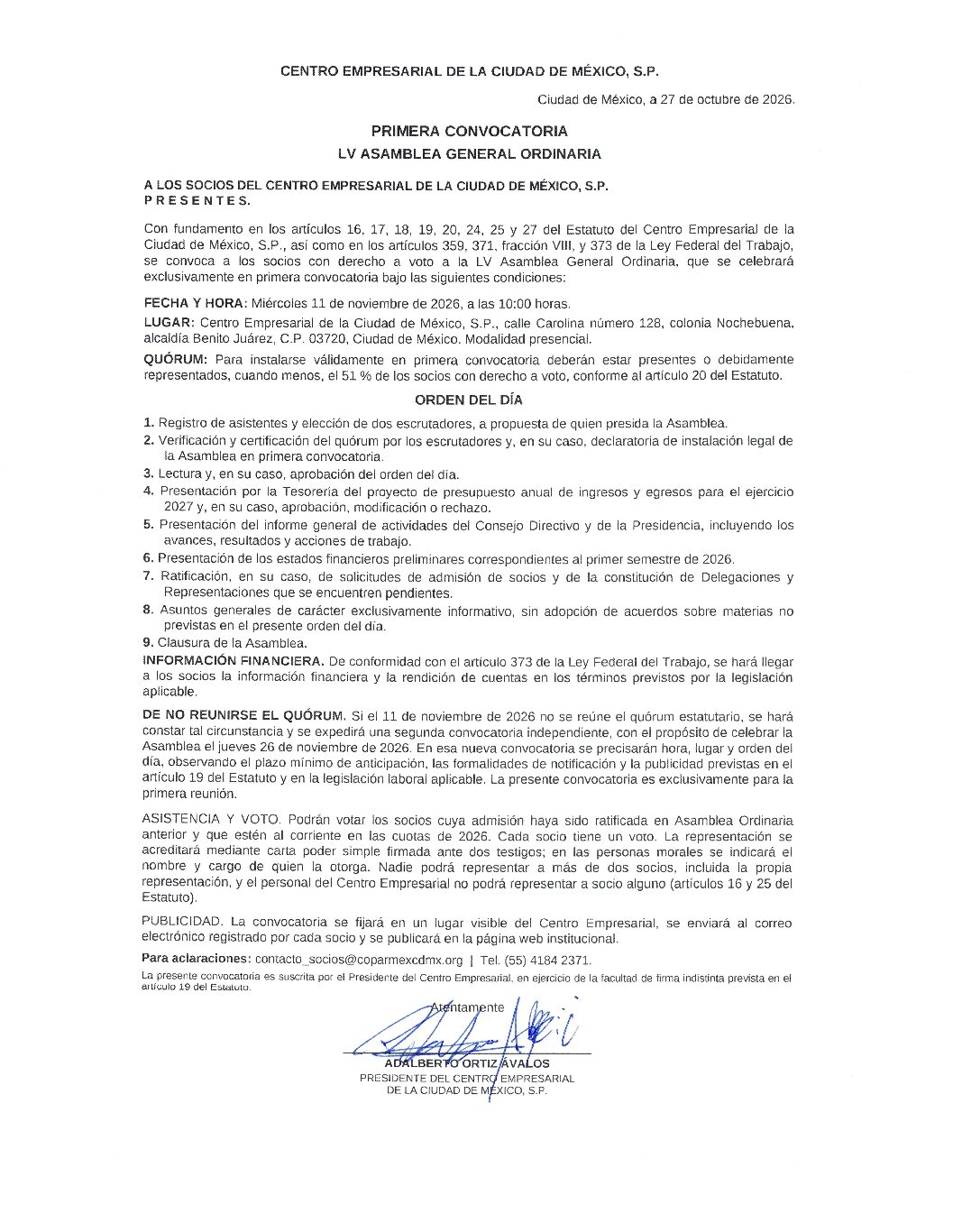 Convocatoria PRIMERA CONVOCATORIA LV ASAMBLEA GENERAL ORDINARIA